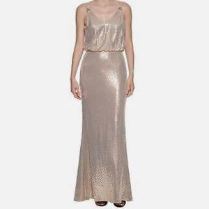 CALVIN KLEIN Womens Gold Sleeveless V Neck Full-Length Cocktail Blouson